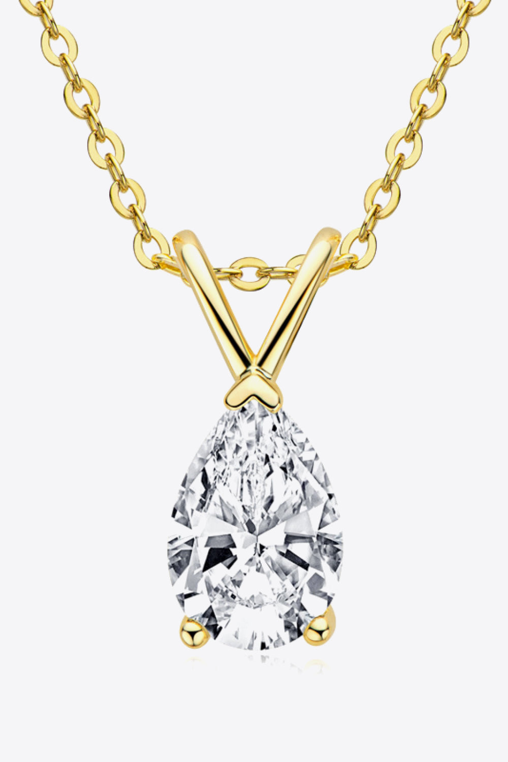 A brilliant 1.5-carat teardrop-shaped moissanite pendant on a platinum and 18k gold-plated 925 sterling silver chain.