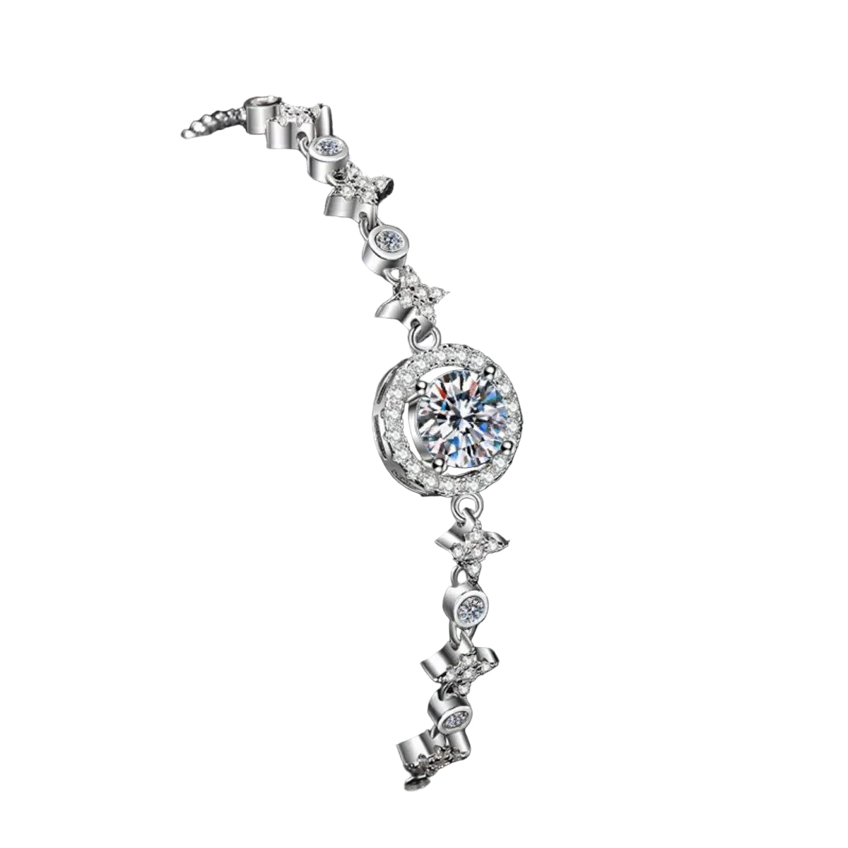 A brilliant 1-carat moissanite focal stone on a minimalist platinum-plated 925 sterling silver bracelet.