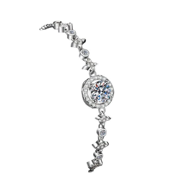A brilliant 1-carat moissanite focal stone on a minimalist platinum-plated 925 sterling silver bracelet.