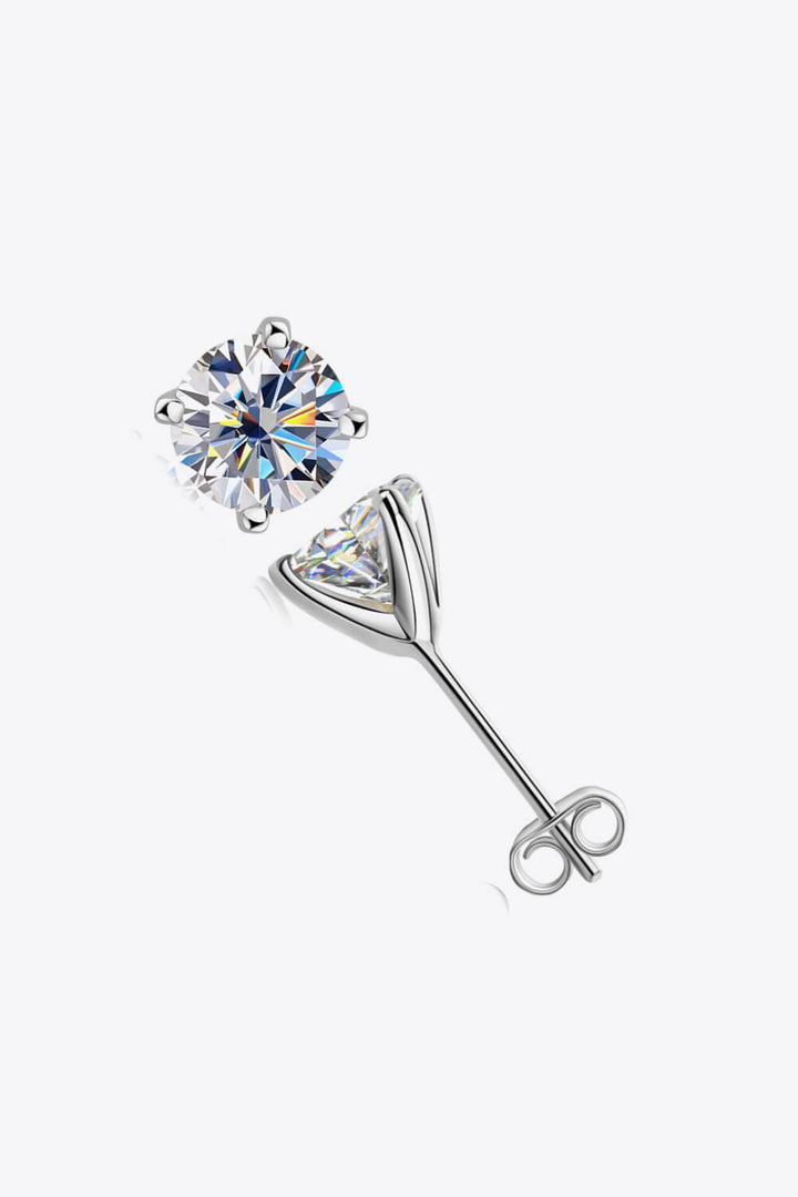 1-carat total weight moissanite stud earrings in a 4-prong 925 sterling silver setting.