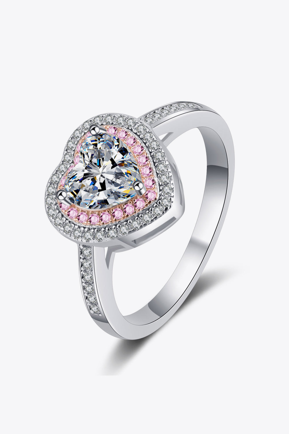 A 1 carat heart-shaped moissanite stone set in a rhodium-plated 925 sterling