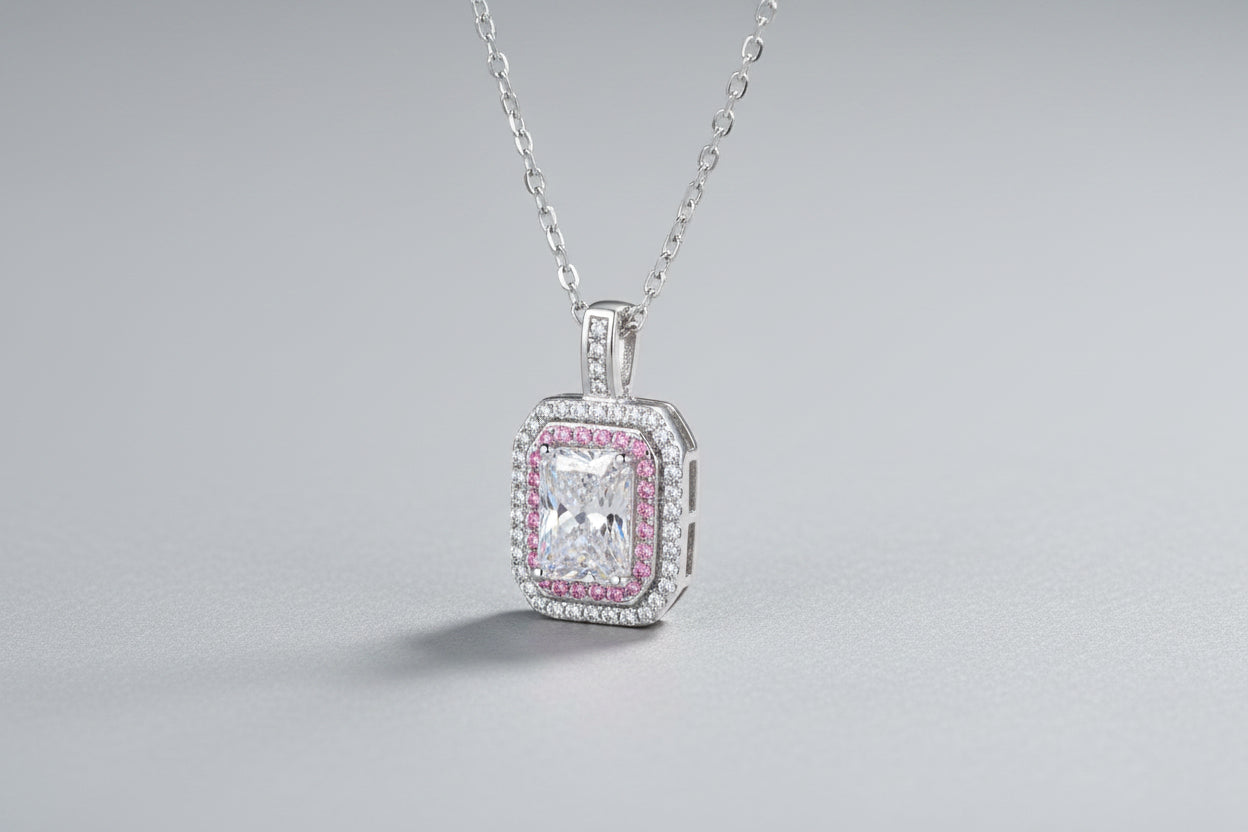 1 carat moissanite geometric pendant necklace in 925 sterling silver with rose gold and platinum plating