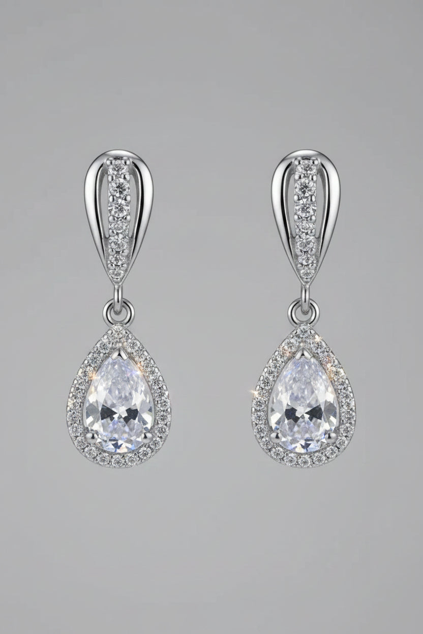 2 carat moissanite teardrop earrings in platinum-plated 925 sterling silver drop design