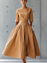 Round Neck A-Line Midi Dress