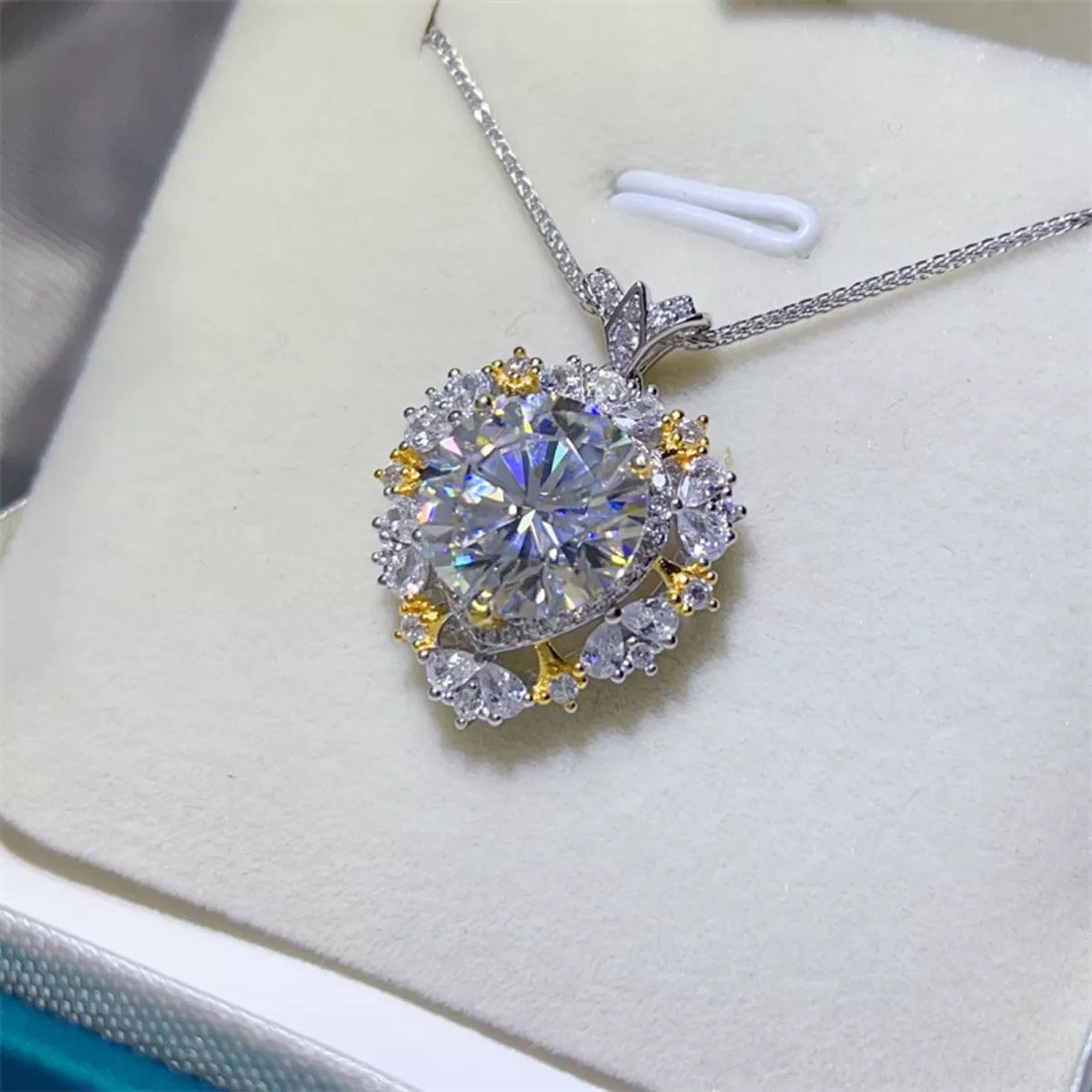 A brilliant 5-carat moissanite solitaire pendant on a platinum-plated 925 sterling silver chain.